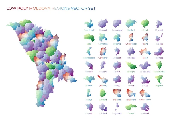 Moldavo baixo poli regiões Mapa poligonal da Moldávia com regiões Mapas geométricos para o seu projeto —  Vetores de Stock