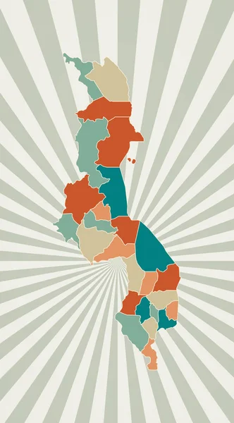 Malawi mapa Plakat z mapą kraju w kolorze retro Kształt Malawi z sunburst — Wektor stockowy