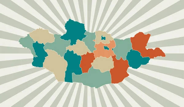 Mongólia mapa Cartaz com mapa do país em paleta de cores retro Forma da Mongólia com sunburst —  Vetores de Stock