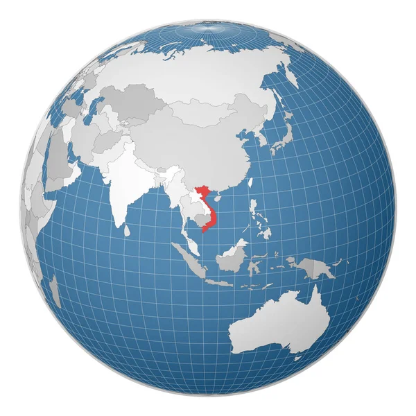 Globo centrado en Vietnam País resaltado con color verde en el mapa mundial Mundo satélite — Archivo Imágenes Vectoriales