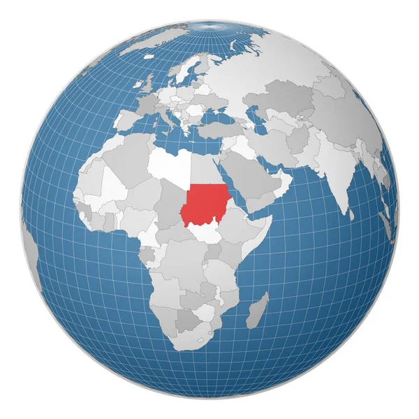 世界地図上に緑の色で強調スーダン国を中心とした地球衛星世界 — ストックベクタ