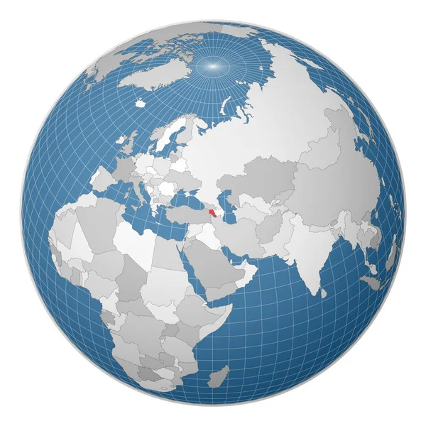 Globe centrován do Arménie Země zvýrazněna zelenou barvou na mapě světa Satelitní svět — Stockový vektor