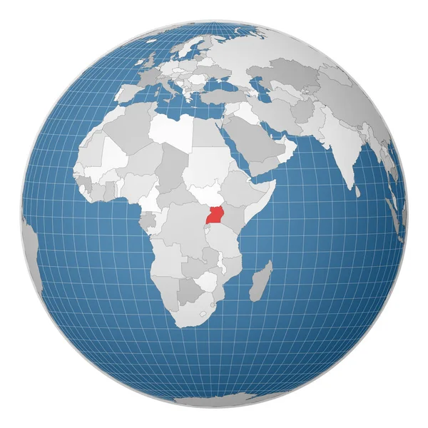 Globe centré sur l'Ouganda Pays mis en évidence avec la couleur verte sur la carte du monde Monde satellite — Image vectorielle