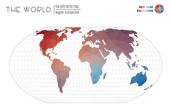 Mappa vettoriale del mondo Wagner IV proiezione del mondo Poligoni di colore blu rosso Impressionante — Vettoriale Stock