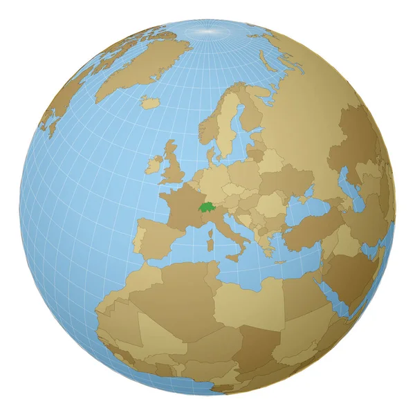 Globe centered to Switzerland Χώρα τονίζεται με πράσινο χρώμα στον παγκόσμιο χάρτη — Διανυσματικό Αρχείο