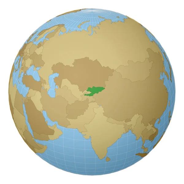 Globo centrado no Quirguistão País destacado com cor verde no mapa do mundo Satélite — Vetor de Stock