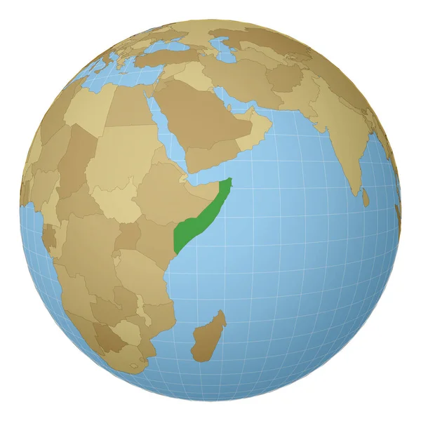 Главная страница в стране Сомали Страна выделена зеленым цветом на карте мира Спутниковая проекция — стоковый вектор
