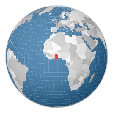 Dünya haritasında yeşil renkle vurgulanmış Gana Ülkesi merkezli uydu dünyası