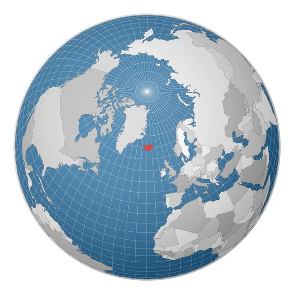 Globe centered to Iceland Country τονίζεται με πράσινο χρώμα στον παγκόσμιο χάρτη — Διανυσματικό Αρχείο