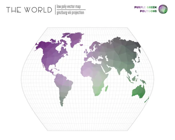 Polygonal world map Ginzburg VIII projection of the world Purple Green colored polygons Awesome — Stock Vector