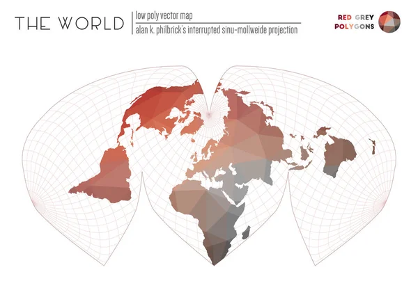 Mappa del mondo poligonale Alan K Philbricks interrotto sinuProiezione di Mollweide del mondo Rosso — Vettoriale Stock