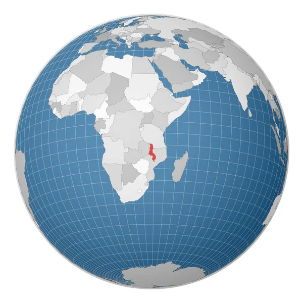 Globus um Malawi herum Land mit grüner Farbe auf Weltkarte Satellitenwelt hervorgehoben — Stockvektor
