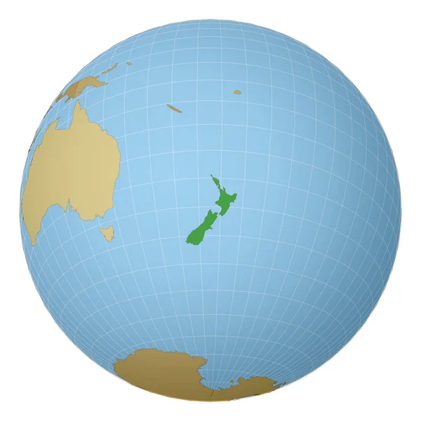 Globus mit Neuseeland als Mittelpunkt auf der Weltkarte Satellit mit grüner Farbe hervorgehoben — Stockvektor