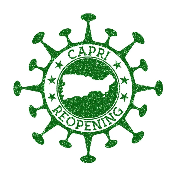 Capri reapertura sello verde ronda insignia de la isla con el mapa de la apertura de la isla de Capri después del bloqueo — Archivo Imágenes Vectoriales