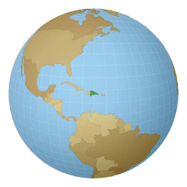 Globus um Dominikanische Republik herum mit grüner Farbe auf Weltkarte Satellit hervorgehoben — Stockvektor
