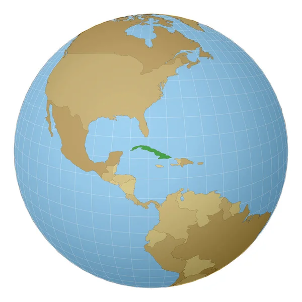 Globo centrado en Cuba País resaltado con color verde en mapa mundial Proyección satelital — Vector de stock