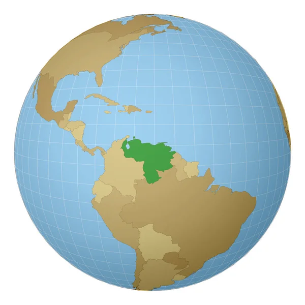 Globe centered to Venezuela Kraj zaznaczony zielonym kolorem na mapie świata Projekcja satelitarna — Wektor stockowy