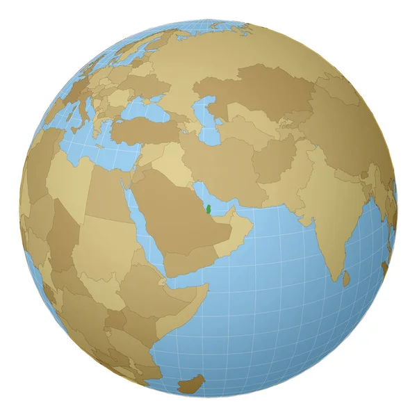 Главная страница в Катаре Страна выделена зеленым цветом на карте мира Спутниковая проекция — стоковый вектор