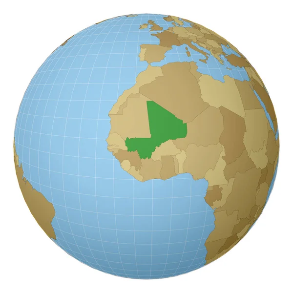 Globo centrado no Mali País destacado com cor verde no mapa do mundo Projecção por satélite —  Vetores de Stock