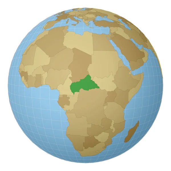 Globe gecentreerd op CAR Land gemarkeerd met groene kleur op wereldkaart Satellietprojectie uitzicht — Stockvector