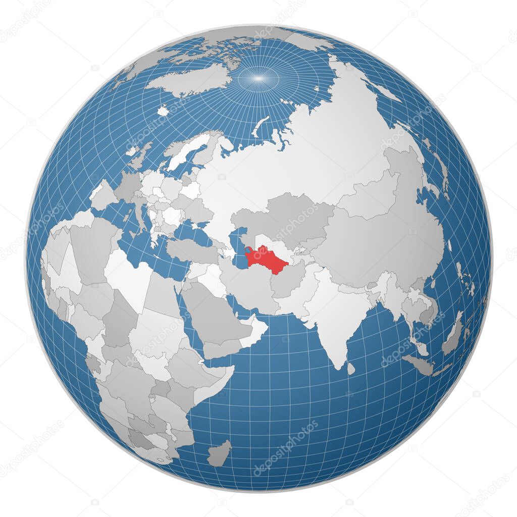 Globe centered to Turkmenistan Country highlighted with green color on world map Satellite world