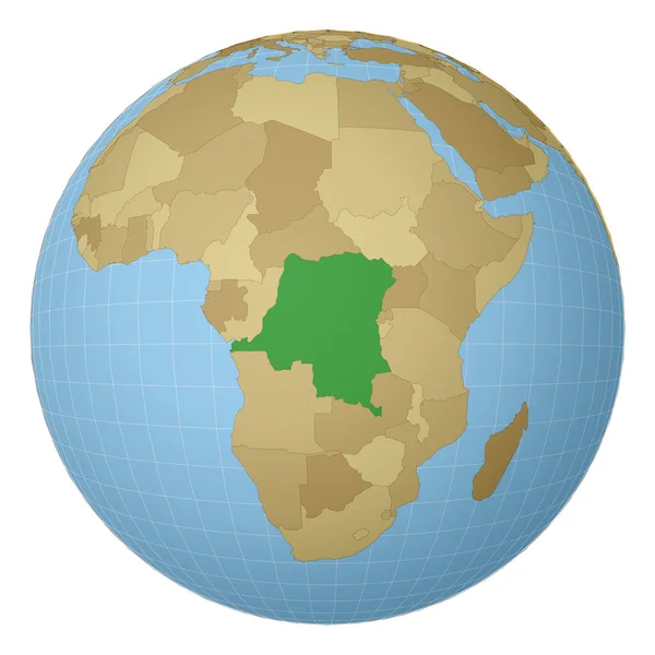 Globe centered to DR Kongo Kraj podświetlony zielonym kolorem na mapie świata Projekcja satelitarna — Wektor stockowy