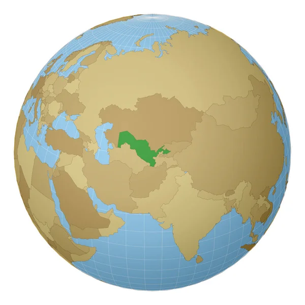 世界地図上で緑色で強調ウズベキスタンを中心とした世界地図衛星 — ストックベクタ