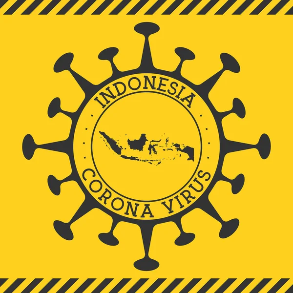 Korona virus v Indonésii znak kulatý odznak s tvarem viru a Indonésie mapa Žlutá země — Stockový vektor