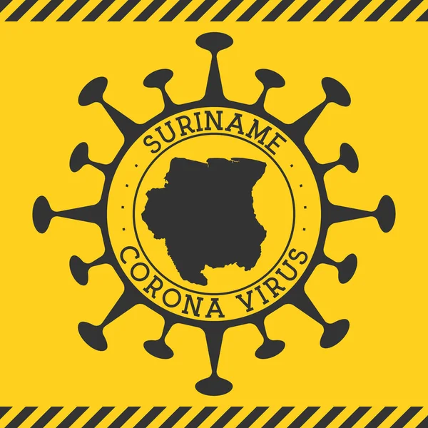Corona virus i Surinam tecken Rund bricka med form av virus och Surinam karta Gul land — Stock vektor