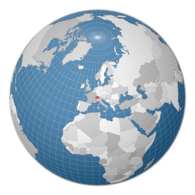 Dünya haritasında yeşil renkle vurgulanan dünya merkezi İsviçre Uydu Dünyası