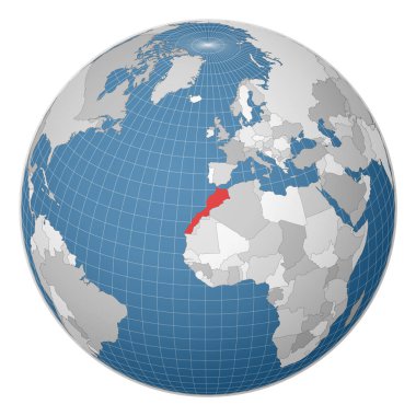 Dünya haritasında yeşil renkle vurgulanmış Fas Ülkesi merkezli uydu dünyası