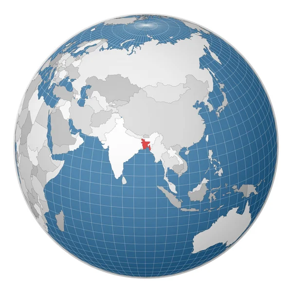 Globe centré sur le Bangladesh Pays mis en évidence avec la couleur verte sur la carte du monde Monde satellite — Image vectorielle