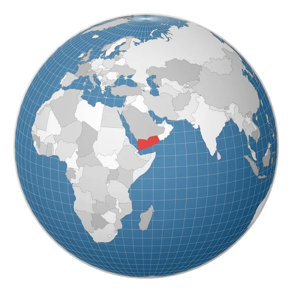 Globo centrado no Iêmen País destacado com cor verde no mapa mundial Mundo satélite — Vetor de Stock