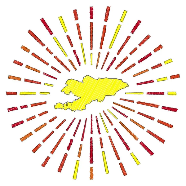 Sketch mapa de Kirguistán Sunburst alrededor del país en colores de la bandera Dibujado a mano Kirguistán forma — Vector de stock