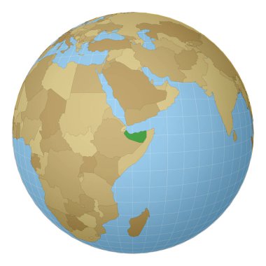 Dünya haritasında yeşil renkle vurgulanmış Somaliland Ülkesi merkezli dünya haritası uydusu