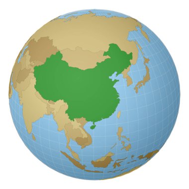 Dünya haritasında yeşil renkle vurgulanmış Çin Ülkesi merkezli uydu projeksiyonu