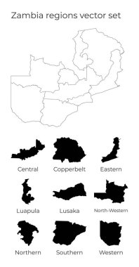 Zambiya haritası, bölgenin boş vektör haritası ve bölge sınırları ile birlikte
