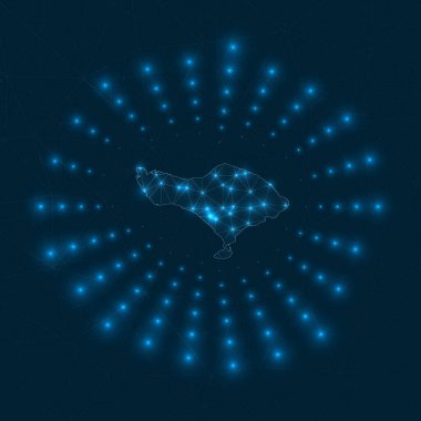 Bali dijital haritası Ağ bağlantıları ve telekomünikasyondan yayılan parıldayan ışınlar