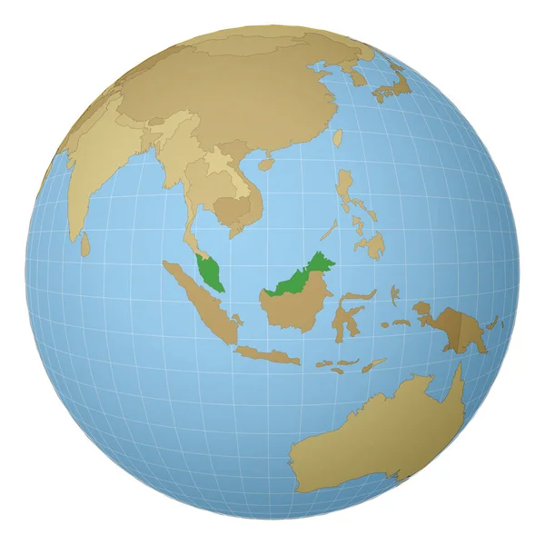 Globe centered to Malaysia Country τονίζεται με πράσινο χρώμα στον παγκόσμιο χάρτη Δορυφορική προβολή — Διανυσματικό Αρχείο