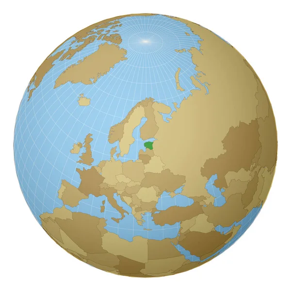Globo centrado en Estonia País resaltado con color verde en el mapa mundial Proyección satelital — Archivo Imágenes Vectoriales