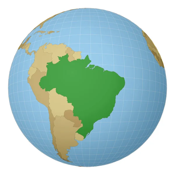 Globo centrado en Brasil País resaltado con color verde en el mapa mundial Proyección satelital — Vector de stock