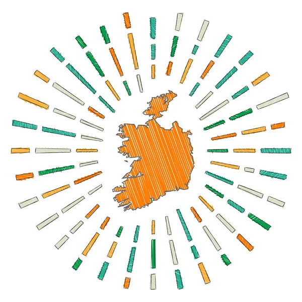 Sketch mapa de Irlanda Estallido de sol alrededor del país en colores de la bandera Dibujado a mano Irlanda forma con el sol — Vector de stock