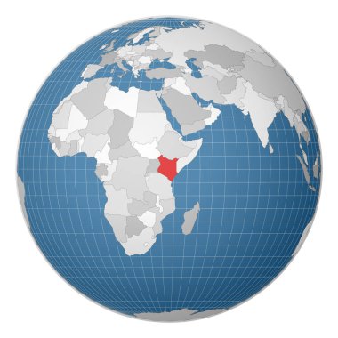 Dünya haritasında yeşil renkle işaretlenmiş Kenya Ülkesi merkezli uydu dünyası