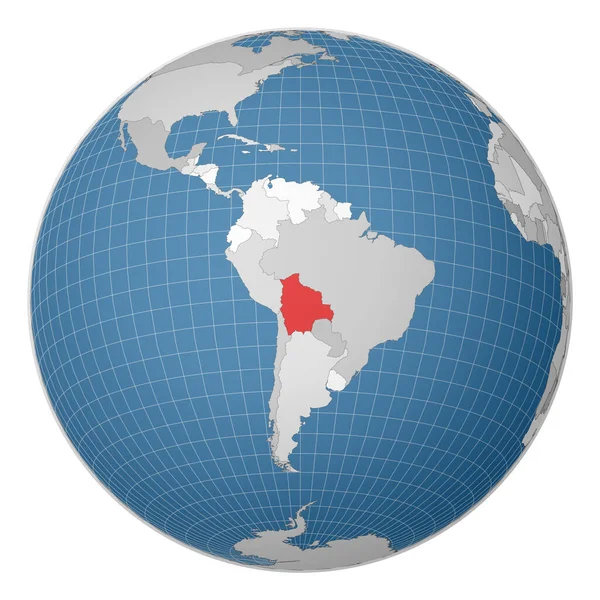 Globo centrado na Bolívia País destacado com cor verde no mapa mundial Mundo satélite —  Vetores de Stock