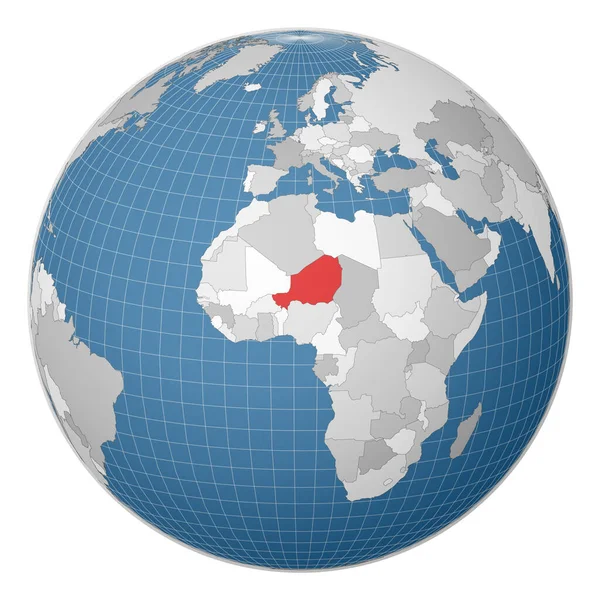 Globo centrado en Níger País resaltado con color verde en el mapa mundial Mundo satélite — Vector de stock