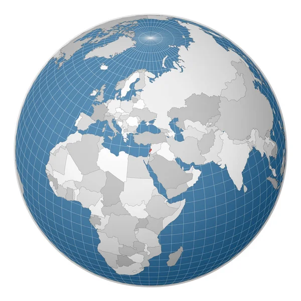 Globe centered to Lebanon Kraj zaznaczony na mapie świata zielonym kolorem — Wektor stockowy