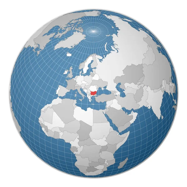 Globe centered to Bulgaria Χώρα τονίζεται με πράσινο χρώμα στον παγκόσμιο χάρτη — Διανυσματικό Αρχείο