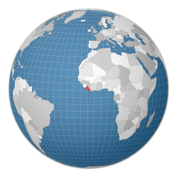 Globe centered to Liberia Χώρα τονίζεται με πράσινο χρώμα στον παγκόσμιο χάρτη — Διανυσματικό Αρχείο