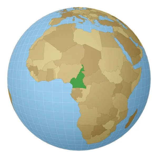 Globo centrado nos Camarões País destacado com cor verde no mapa do mundo Projecção por satélite —  Vetores de Stock