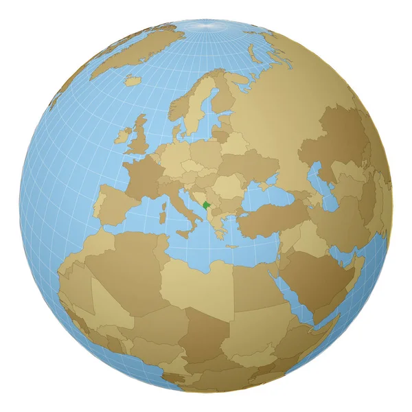 Globe centered to Montenegro Χώρα τονίζεται με πράσινο χρώμα στον παγκόσμιο χάρτη — Διανυσματικό Αρχείο